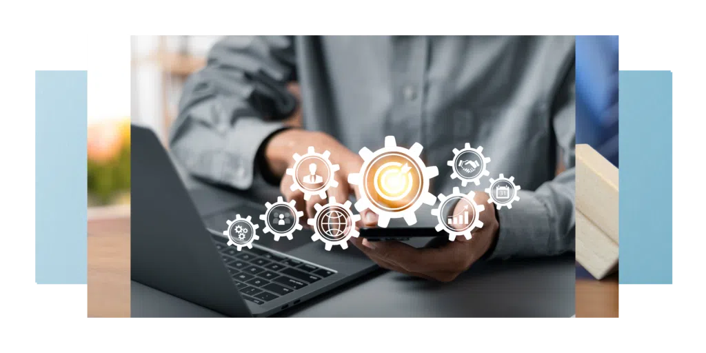A person in a gray shirt is using a smartphone and a laptop. Overlaid are digital icons depicting gears, a globe, a target, a network, charts, and data analysis, suggesting technology and business operations. This scene emphasizes results-driven leadership in the tech industry.